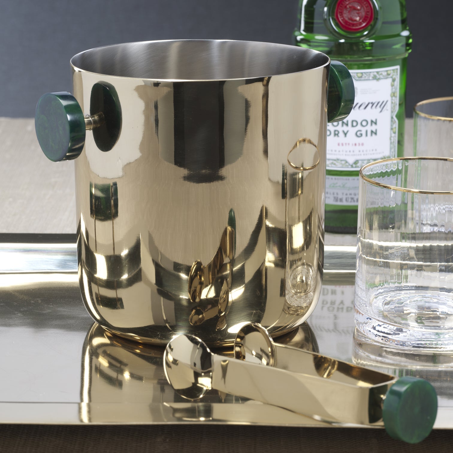 Gold Ice Bucket with Green Marble Handles